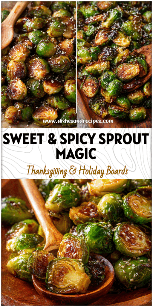 Close‑up of honey sriracha glazed roasted brussels sprouts sprinkled with sesame seeds on a serving platter.